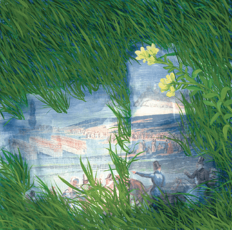 Painting of grass and small flowers over top of a 18th century historical image of a military demonstration